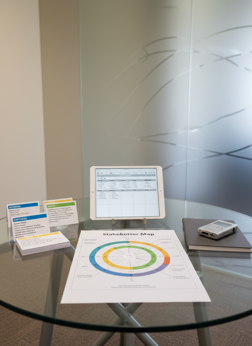A modern glass-topped round table in a neutral-toned meeting room, covered with a carefully arranged crisis-communication toolkit: a printed stakeholder map diagram with concentric circles, color-coded media holding statements on thick white cardstock, a tablet displaying a clean messaging framework, and a slim digital voice recorder resting on a charcoal-gray notebook. The background shows a frosted glass wall with subtle etched lines suggesting connection pathways. Bright but diffused daylight enters from an unseen side window, casting soft reflections on the glass and a calm, even illumination across all surfaces. The atmosphere is methodical and reassuring, emphasizing structure and clarity. Photographic realism, captured at eye level with balanced composition using the rule of thirds, moderate depth of field to keep all toolkit elements readable and precise.