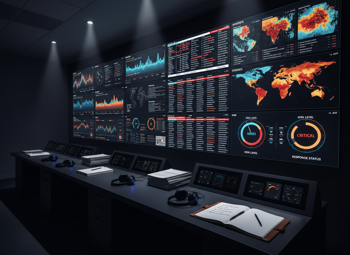 A wall-sized, ultra-wide digital crisis operations dashboard in a dimly lit control room, displaying multiple high-resolution panels of live data: social media sentiment graphs, global news tickers, geographic heatmaps, and risk-level dials glowing in amber and cool blue. Below the screens, a long matte-black console holds neatly organized documents, a notepad with precise handwritten bullet points, and noise-canceling headsets resting in perfect alignment. Overhead, soft, focused LED downlighting highlights the screens while leaving the rest of the room in subtle shadow. The atmosphere is intense yet controlled, emphasizing vigilance and rapid response. Shot in photographic realism from a slightly low angle to emphasize scale, with sharp focus and high contrast, evoking a sophisticated, high-stakes command center.