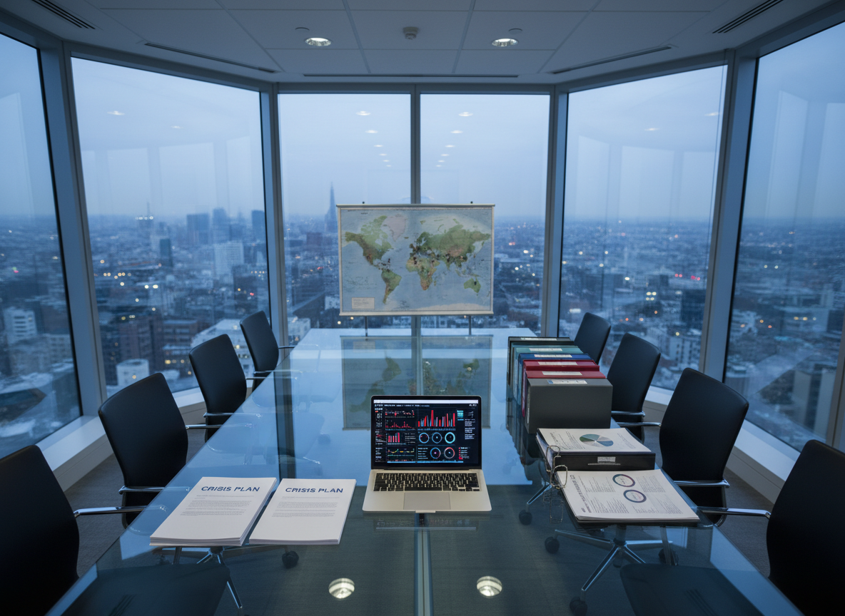 A large, sleek glass conference table seen from above, covered with meticulously arranged crisis-response materials: a silver laptop displaying a real-time dashboard of red and green risk indicators, crisp printed briefings with bold “CRISIS PLAN” headers, color-coded binders, and a strategically placed world map marked with small metallic pins. The room is a high-floor corner office with floor-to-ceiling windows showing a distant, softly blurred city skyline at dusk. Cool, diffused natural light mixes with subtle recessed ceiling lighting, casting clear reflections on the glass surface. The mood is focused and controlled, conveying readiness and authority. Photographic realism, eye-level to slightly elevated angle, sharp focus on the table details with a gentle bokeh city background, clean and modern corporate aesthetic.
