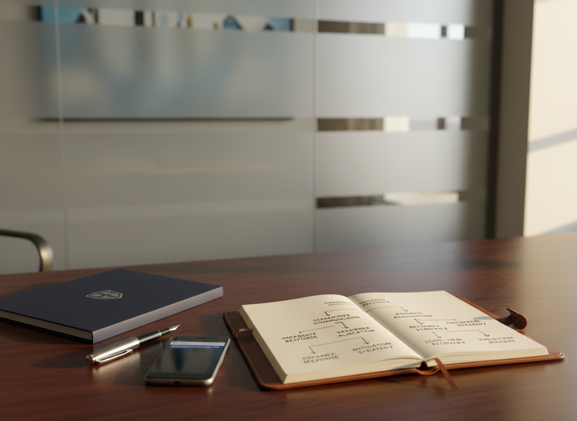 A polished dark-wood executive desk in a quiet office, with an open leather-bound notebook showing a hand-drawn crisis decision tree, each branch labeled with precise, legible text. Beside it rests a heavy silver fountain pen, a closed navy-blue folder embossed with a subtle shield emblem, and a smartphone displaying a muted news alert banner. Behind the desk, a large frosted-glass panel bears the faint reflection of a calm, minimalist city skyline painting. Soft late-afternoon natural light filters through unseen windows, creating long, gentle shadows and warm highlights on the wood grain. The mood is strategic and deliberate, suggesting thoughtful planning before action. Photographic realism, captured from a slightly elevated three-quarter angle, with a shallow depth of field that keeps the desk contents in crisp focus and the background softly blurred.